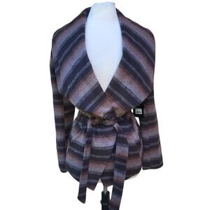 JACK by BB Dakota Brown Striped Wrap Wide Shawl Collar Tie Belt Jacket  - M  M